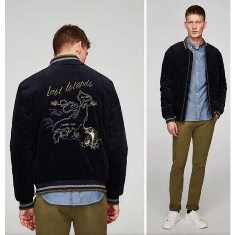 Zara Men’s Embroidered Corduroy Bomber Jacket Lost Islands Navy Blue Size Medium